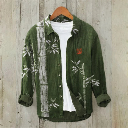 Men's Long Sleeve Shirt Japanese Fashion Art Bamboo Illustration High Quality Large Size Men's Clothing