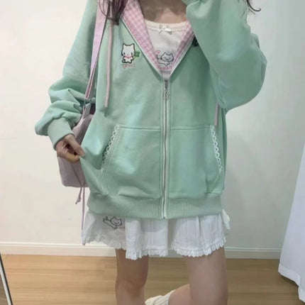 Y2k Hoodies Green Kawaii Cat Floral Print Hooded Zip-up Woman Sweatshirts Pink Thin Jacket Spring Fall Clothes Cute Streetwear