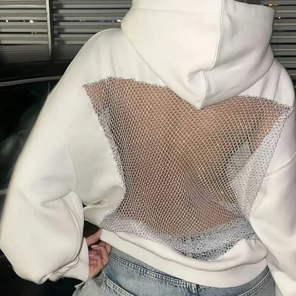 Sisterlinda Hooded Harajuku Sweatshirt Women Autumn Trend Backless ShinyThrea Mesh Patchwork Casual Street Hipster Pulloverr