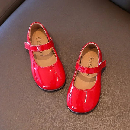 ‌Plain Patent Leather Ballet Flats for Baby Girls  Concise Round-Toe Mary Jane Shoes  Red/White Kids Soft Sole