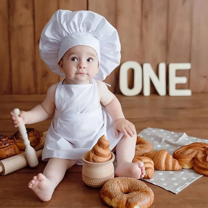 2pcs Little Chef Baby Costume Newborn Photography Props White Apron Hat Set Creative Infant Baking Cook Photo Shoot Clothes