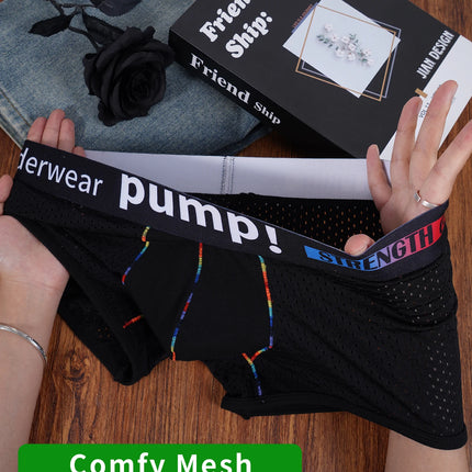 Men's PUMP! Mesh Boxer Briefs U Convex Pouch Rainbow Stitching Elastic Waistband Breathable Quick Dry Underwear