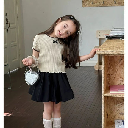 Girls' Ice Silk T-shirt Korean Style Short Sleeve Tops Children's Clothes 2025 Girl Summer Teen Kids Bow Round Neck Solid Tops