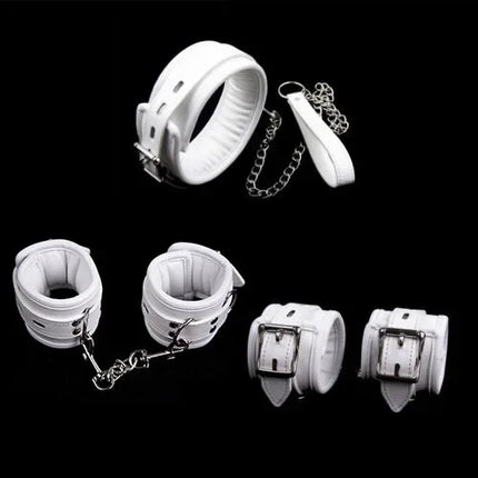 PU Leather Soft Padded White Handcuffs Ankle Cuffs Wrist Bondage Restraints Neck Collar BDSM Bondage Slave Erotic Adult Sex Toys