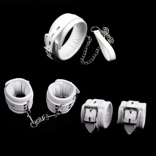 PU Leather Soft Padded White Handcuffs Ankle Cuffs Wrist Bondage Restraints Neck Collar BDSM Bondage Slave Erotic Adult Sex Toys