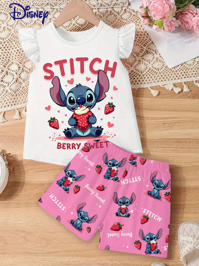Girls' Flame-Resistant Pajama Set, Cute Stitch Strawberry Print Ruffle Short-Sleeve Top and Shorts, Soft Breathable Sleepwear