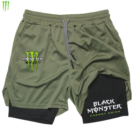 Monster Energy 2-in-1 Double Layer Men's Sport Shorts Comfortable Transpirable Gym Workout Pants Sports Active Leisure Clothing