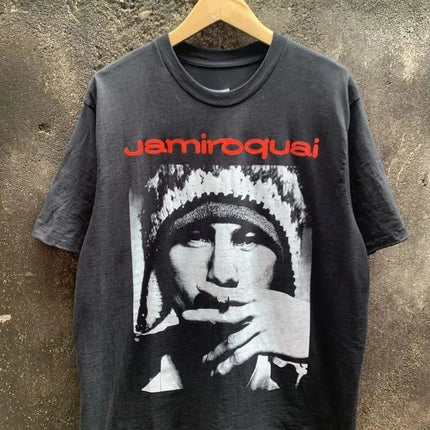 Classic Y2K Rock Punk Tops Jamiroquai Band 2-Sided 90s Short Sleeve Print Cotton T-Shirt Fashionable Casual Short-Sleeved Unisex