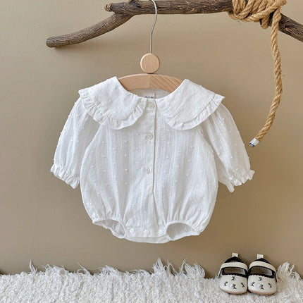 2025 Autumn New Spring and Autumn Baby Ha Yi New Clothing White polka dot doll collar design Pure cotton cute and cute baby jump
