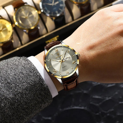 POEDAGAR Original Luxury Men's Wristwatch Leather Date Week Quartz Fashion Men Watch Waterproof Luminous Classic Watches For Men