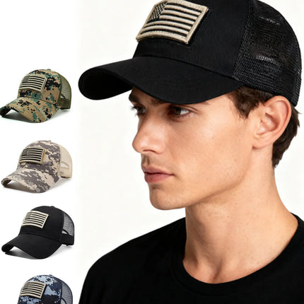 Men's Outdoor Trucker Cap with Embroidered Flag Camouflage Patch & Velcro Fastener