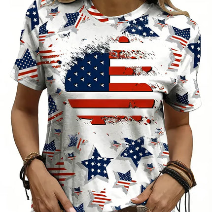 Women's American Flag & Bald Eagle Print T-Shirt Casual Short Sleeve Crew Neck Patriotic Graphic Tee for Summer