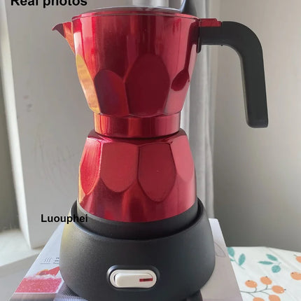 110V/220V Electric Coffee Maker Portable Aluminum Mocha Pot Electric Italian Coffee Maker Percolator for Home Red 150ml/3 Cups