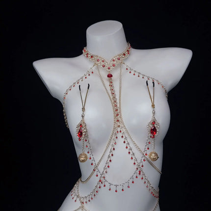 Ruby Red Sexy Body Chain Chest Chain Collar Waist Chain Nipple Clamps Nipple Stimulation Women's Wear Adult Toy SM Training Tool