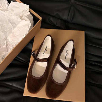 Vintage Flat Velvet Korean Style Mary's Single Shoes Women's 2024 New Spring Autumn Winter Red Warm Evening Shoes