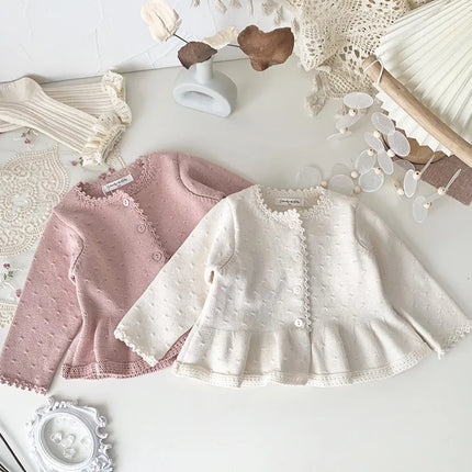 deer jonmi 2025 Spring Toddlers Girls Knitted Cardigan Coats Crochet Ruffles Korean Style Baby Kids Cotton Sweaters