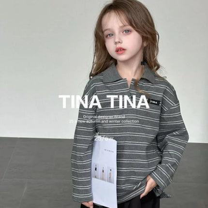 SeasonSea Girls Striped Cotton Sweatshirt Autumn Winter Kids Polo Collar Pullover Long Sleeve Tops Casual Children Clothes