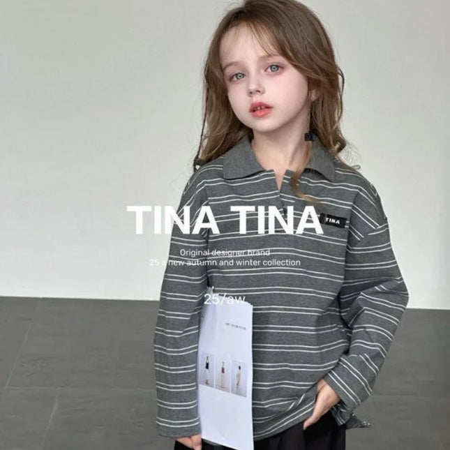 SeasonSea Girls Striped Cotton Sweatshirt Autumn Winter Kids Polo Collar Pullover Long Sleeve Tops Casual Children Clothes