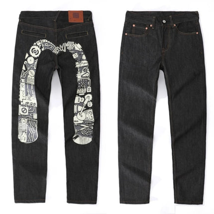Japanese Handmade Embroidered Jeans Men's Pure Cotton Straight Tube Hip-Hop Popular Slim Red Ears Show Thin Trousers Devil Big M