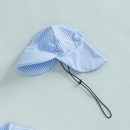 Toddler Boy Striped Swimsuit Short Sleeve Half Zipper Non-Pilling Rash Guard Swimwear Sunhat Set