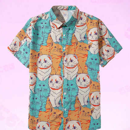 2026 New Fashionable Hawaiian Men's Cute Cat Printed Casual Harajuku Short Sleeved Shirt