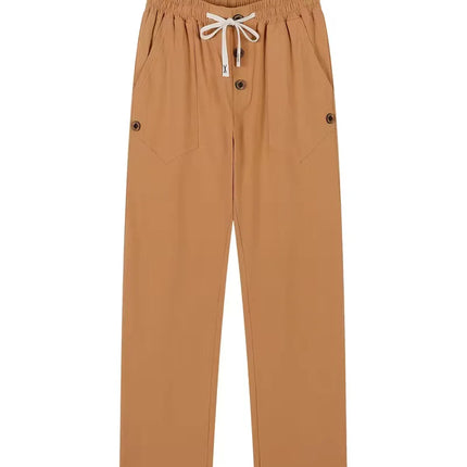 Men's Linen Drawstring Pants Casual Button Detail Elastic Waist Breathable Beach Vacation Daily Wear Straight Leg Trousers for M