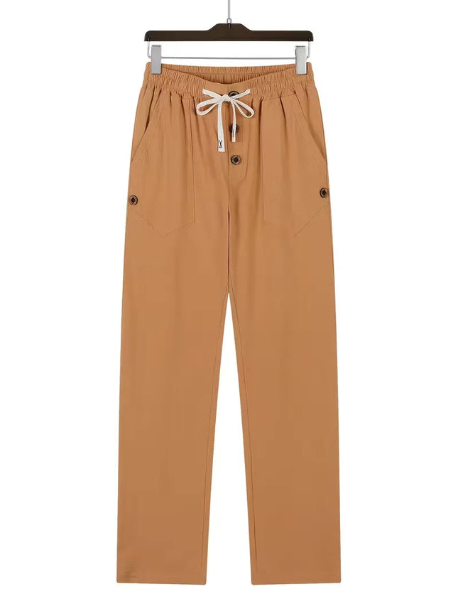 Men's Linen Drawstring Pants Casual Button Detail Elastic Waist Breathable Beach Vacation Daily Wear Straight Leg Trousers for M
