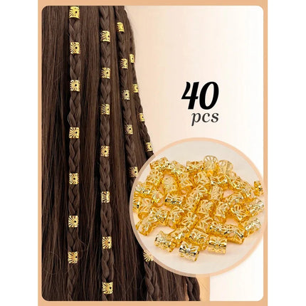 "Gold Plated Dreadlock Charms: 40-Piece Adjustable Hair Cuffs & Braid Rings for Goddess Locs & Twists"