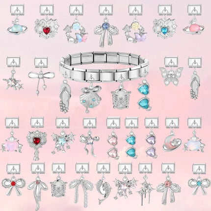 Wholesale Colorful Shiny Zircon Heart Bows Pendant Italian Charm Links Fit 9mm Stainless Steel Bracelet Women Jewelry DIY Making