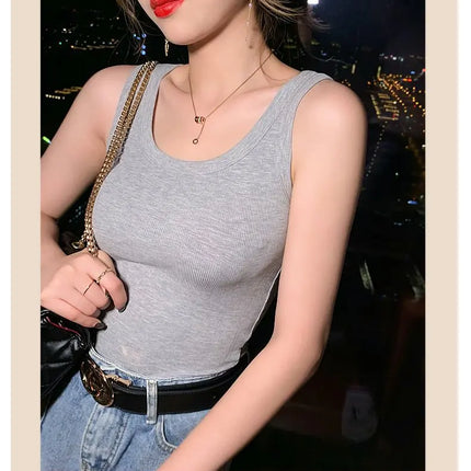 Summer 2026 Slim Fit Elastic Ribbed Cotton Knitted Vest Women's Base Layer Tank Top Anti-Light Inner Wear Straight Cut Regula...