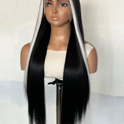 Women's Lace Front Wig Hand Hooked Black with White Highlights Long Straight Heat Resistant Synthetic Lace Wig For Cosplay