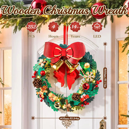 Rolife 3D Wooden Puzzle Christmas Wreath Model Building Kit with LED Light Red Bow Golden Bell for Holiday Door Christmas Decor