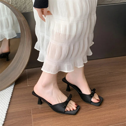 Designer Women Square Toe High Heel Slippers Fashion Butterfly-knot Dress Shoes Summer Stripper Mules Slides Zapatos De Mujer
