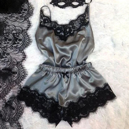 Sexy Hot Erotic Home Wear Women Pajamas Women Sleepwear Sleeveless Strap Fashion Nightwear Lace Trim Satin Cami Top Pajama Sets