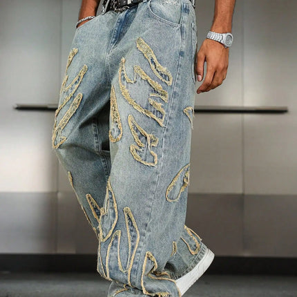 Men's Street Style Casual Patchwork Embroidered Frayed Hem Macau Blue Denim Jeans Trendy Loose Fit Straight Leg Pants