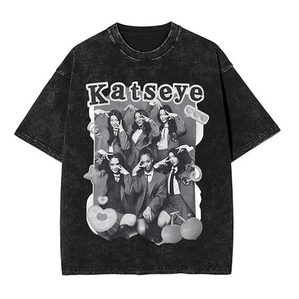 KATSEYE Merch Washed Graphic Print TShirt Men Women Short Sleeve Fashion Tshirts Oversized Crewneck Loose Cotton Tee Streetwear