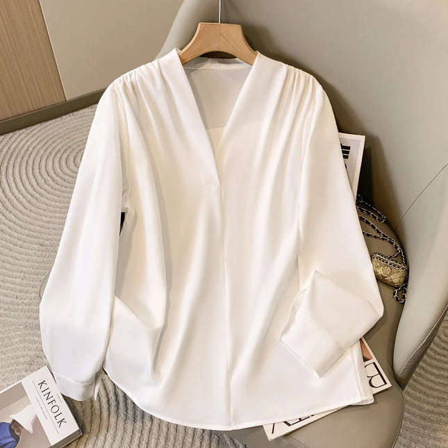 2026 Spring Autumn Long Sleeve Big Size Women Shirts Office Lady V-Neck Solid Color Blouses Elegant and Youth Woman Tops