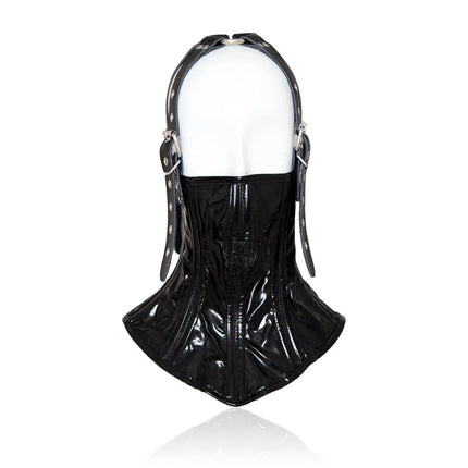 Adult Games Sex Toys of Sexy Wetlook Leather Neck Restraint Collars with Unisex Lockable Half Face Mask for Fetish BDSM Bondage