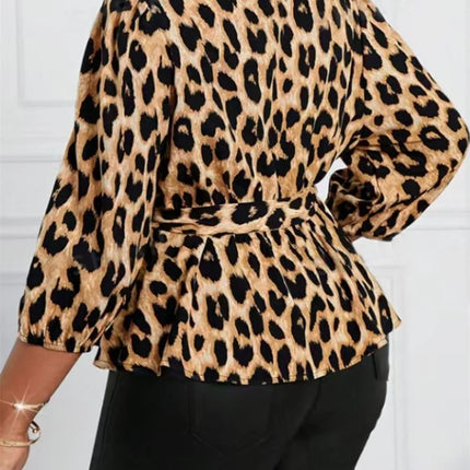 GIBSIE Plus Size Leopard Print Belted Peplum Top Women Fashion Spring Summer V-Neck 3/4 Sleeve OL Style Casual Tops And Blouses
