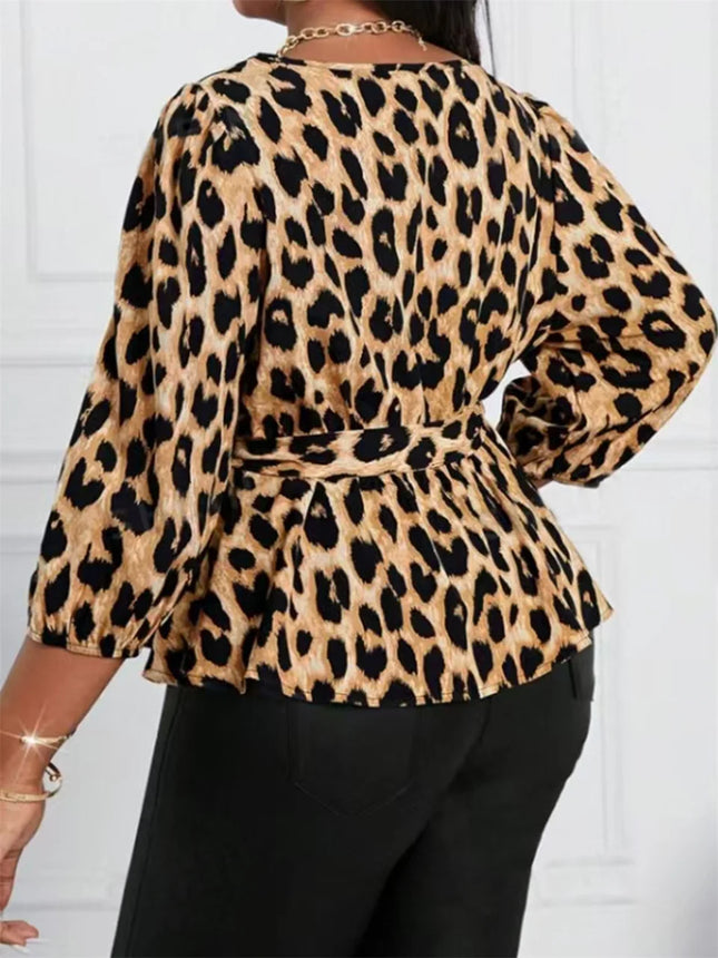 GIBSIE Plus Size Leopard Print Belted Peplum Top Women Fashion Spring Summer V-Neck 3/4 Sleeve OL Style Casual Tops And Blouses