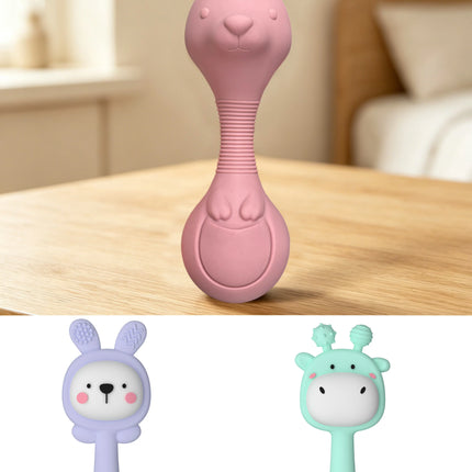 Food-Grade Silicone Baby Rattle Toy Set (Big Kangaroo, Bunny & Deer), Biteable for Baby Grasping Training