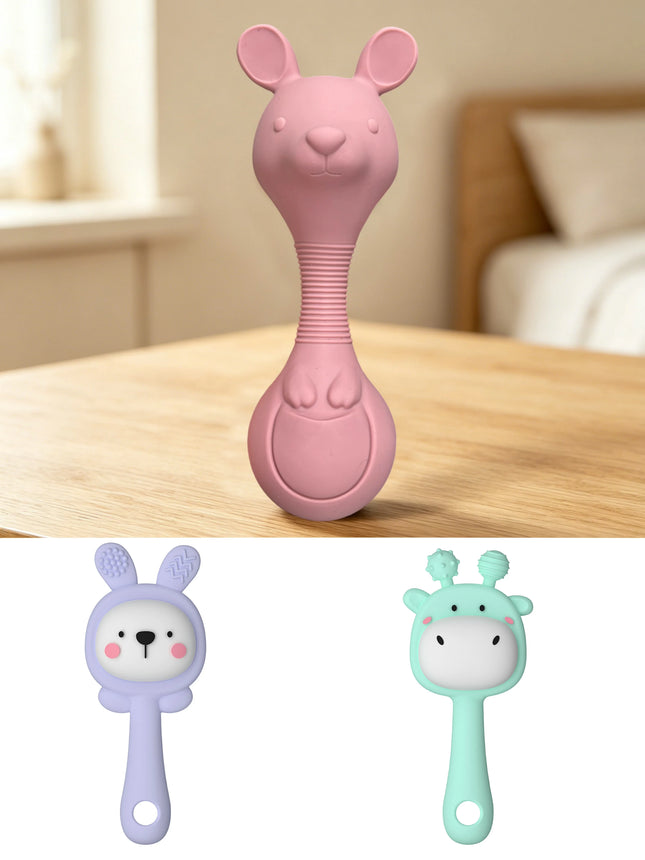 Food-Grade Silicone Baby Rattle Toy Set (Big Kangaroo, Bunny & Deer), Biteable for Baby Grasping Training