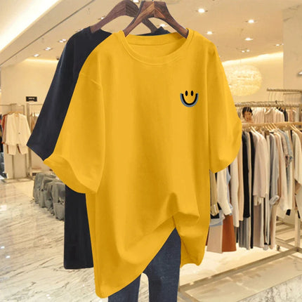 Women Clothing Pure Cotton Smiling Printing Basic T-shirt Summer Fashion Casual O-neck Short Sleeve Top Tee Oversized Pullovers