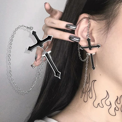 Vintage Black Big Cross Paired Tassel Earrings For Women Party Jewelry Punk Trendy Gothic Metal Ring Earring Gifts