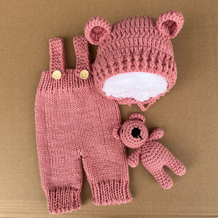 3pcs/sets Newborn Cute Bear Photography Clothing Hand-woven Romper Pants Hat Dolls Decor Props Baby Photoshoot Outfits