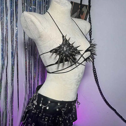 Gothic Emo Punk Women's Spiked Grunge PU Leather Tank Top Y2K Alternative 90s Vkei Studded Cyber Goth T-shirt 2000s ALT Clothing