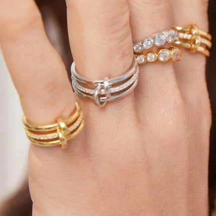 Stainless Steel Gold-Plated Zircon Three-Layer Stacked Round Ring For Women Non Tarnish Interlocked Rings Set Trend Jewelry Gift