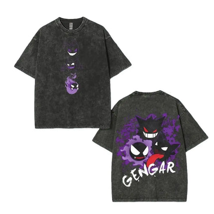 Pokemon Gastly Haunter Gengar T Shirt Men 2026 Summer Vintage Acid Wash Oversized Tee Japanese Anime Streetwear Hip Hop Harajuku