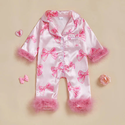 Baby Girls Pajamas Long Sleeve Bow Print Furry Patchwork Button Closure Jumpsuit Sleepwear Loungewear