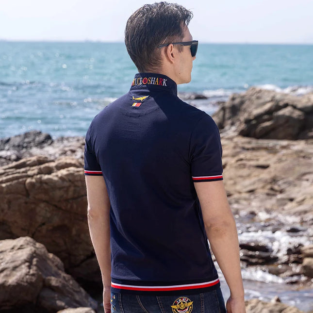 New Men's Standing Collar Short Polos Bruce&Shark Summer Men's Thin 100% Cotton Tops Fashion Embroidery Polos Man Big Size 4XL